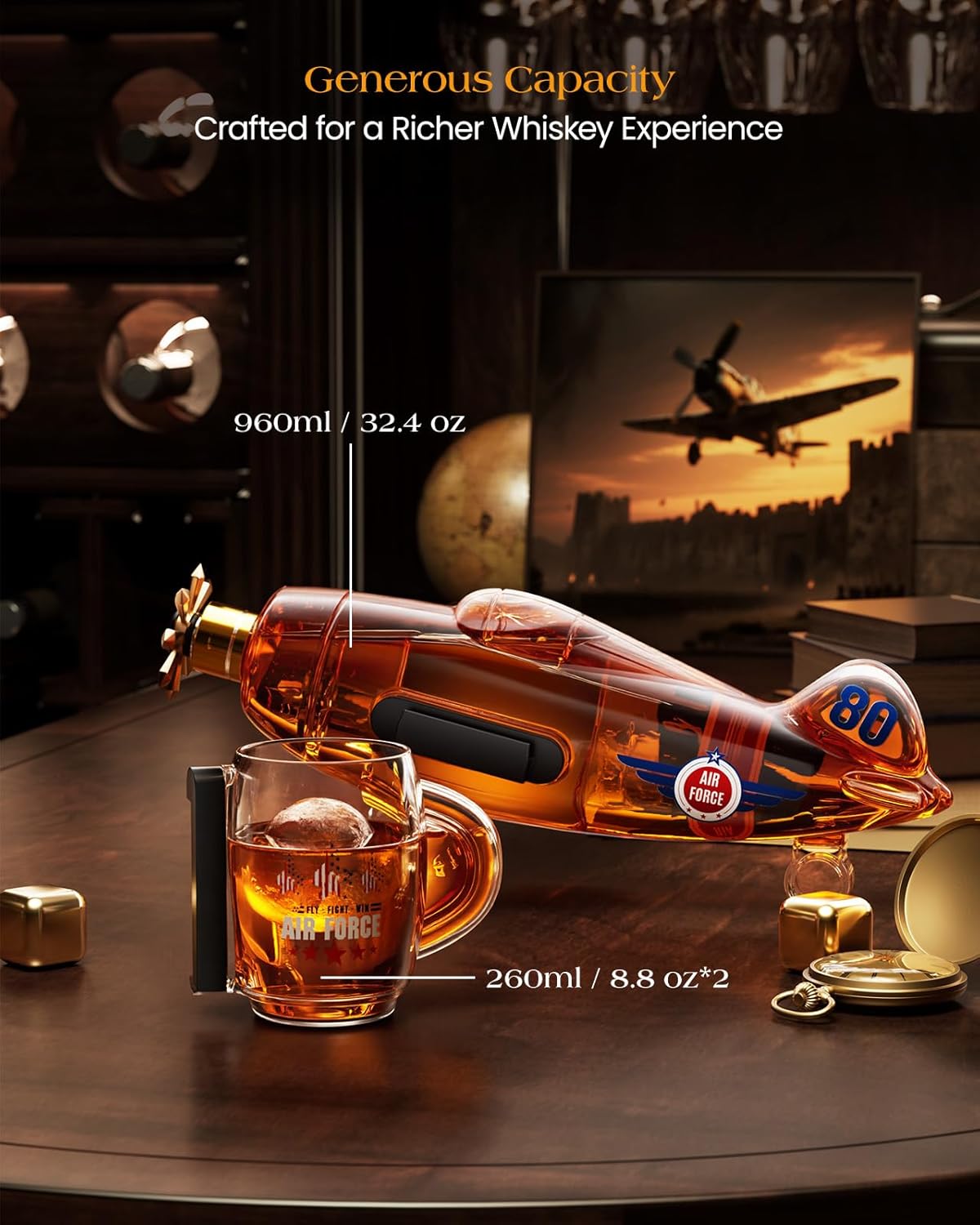Birthday Gifts for Men Dad,  Fighter Aircraft Whiskey Decanter Set with Whiskey Glasses, Cool Anniversary Fathers Gift Ideas for Him Husband Brother, Funny Military Present, Bar Drinking Party