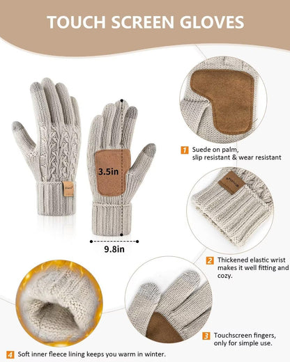 Hat Scarf and Gloves Set Ladies, Winter Beanie Hat for Women with Pom Pom Fleece Lined Warm, Bobble Hat Touchscreen Gloves Women Scarf Neck Warmer 3 in 1 Cold Weather Set