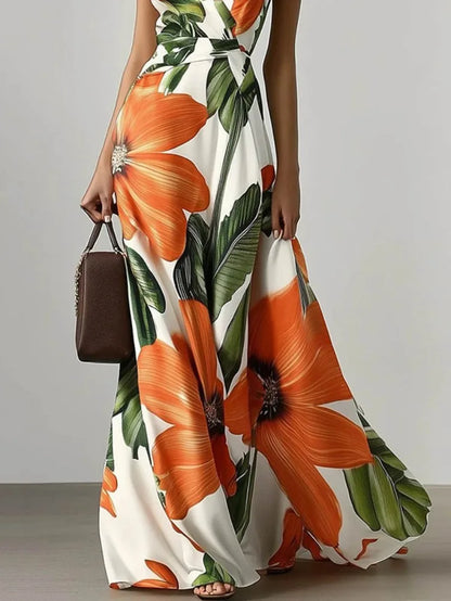 Freeacy Summer Women'S Long Dress Floral Printed V-Neck Sleeveless Evening Dresses High Waist Pleated A-Line Party Gowns