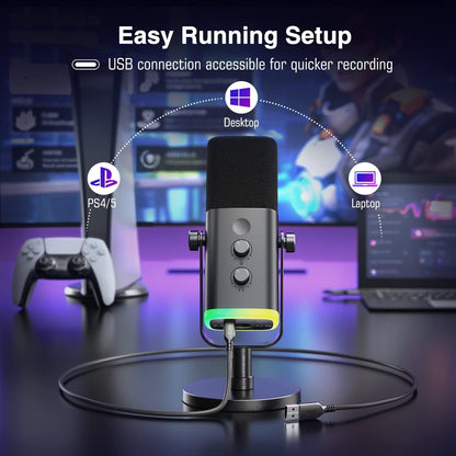 XLR/USB Gaming Microphone, Studio Dynamic Streaming Mic, Computer Desktop Stand Microphone for Podcast, Voiceover, Recording, with RGB, Mute, Monitoring Headphone Jack, Gain Knob, Black-Am8