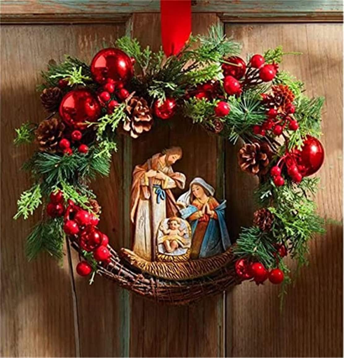 Sacred Retro Red Christmas Wreath with LED Light, Artificial Flocked Wreath with Mixed Decorations for Window, Porch, Wall Mantel (D)