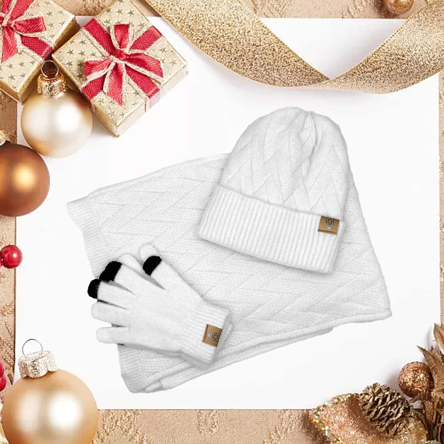 Womens Hat Scarf and Touch Screen Gloves Set Ladies Women Winter Scarf Warm Fleece Lined Beanie Skull Caps for Men Women