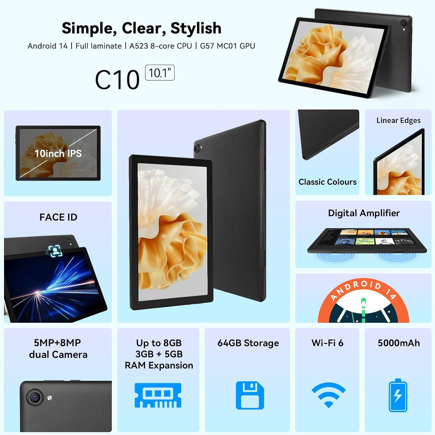Whitedeer  10 Inch Octa-Core Processor Android 14 Tablet, Face ID丨OTG, 8GB+64GB/1TB TF, 1280*800丨5G Wifi丨Bt5.3丨Tab PC with Dual Camera 5MP+8MP, Support Split-Screen, 5000Mah, Widevine L1(Black)