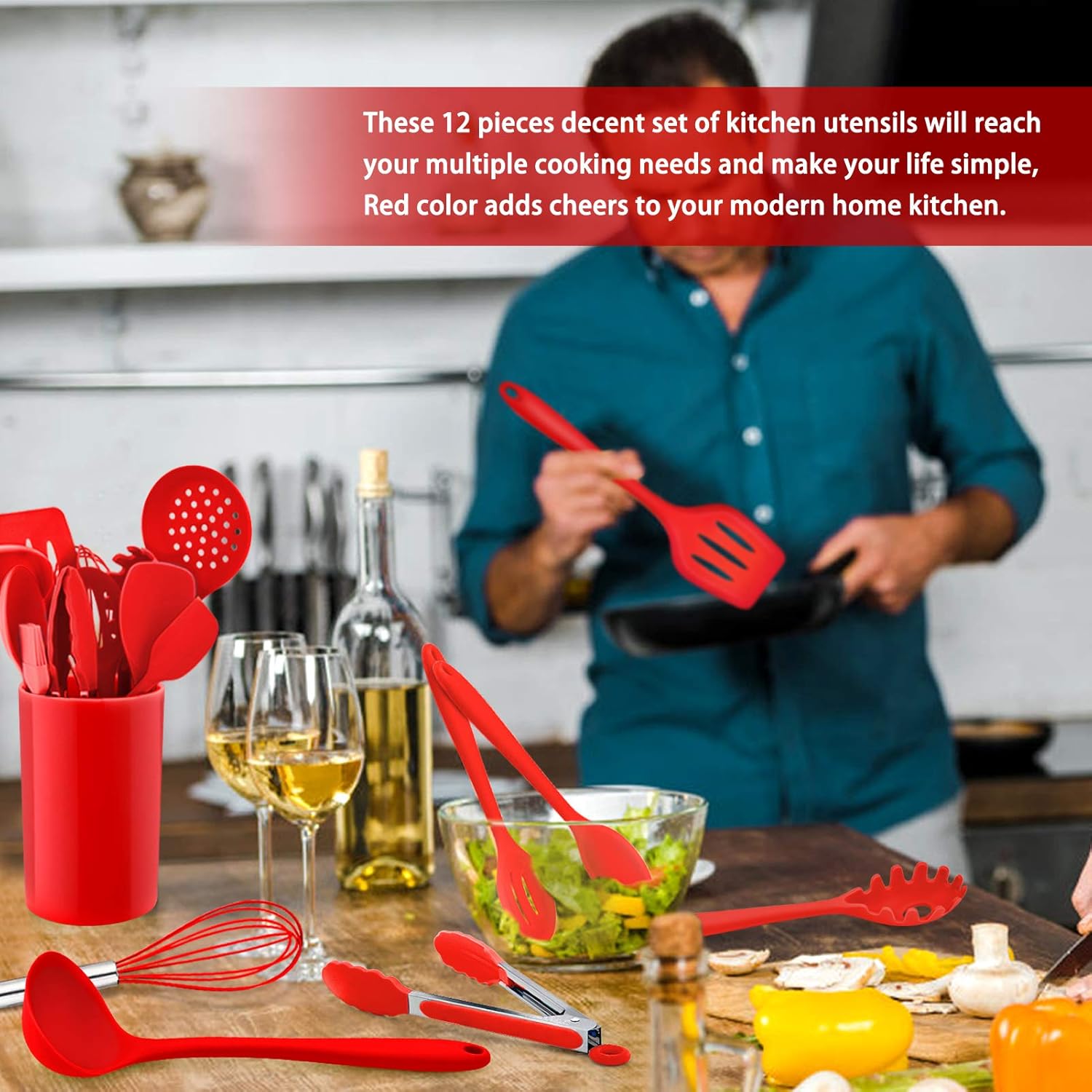 Kitchen Utensil Set,  12 Piece Cooking Utensils, Silicone Kitchen Utensils Set with Holder, Heat Resistant Kitchen Tools Include Spoons Turner Spatula Ladle Tong for Non-Stick Cookware, Red