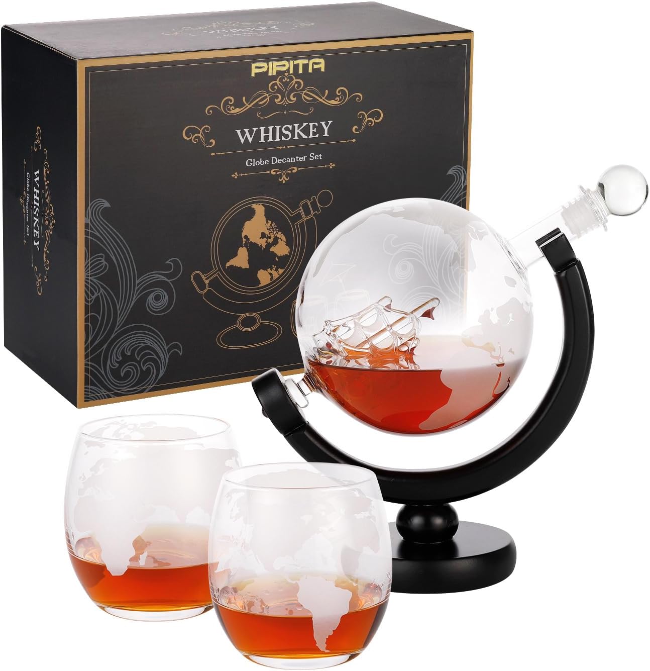 Whiskey Decanter Globe Set with 2 * 250Ml Glasses & Bottle Opener Keychain,Anniversary Birthday Gifts for Him Husband Boyfriend, 850Ml Whiskey Flask Decanter,Unique Christmas for Bourbon Scotch