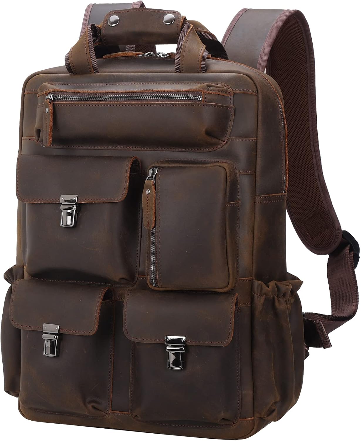 Vintage Leather Backpack for Men Travel Rucksack with Multi Pockets 15.6" Laptop Bag Casual Daypack, Brown