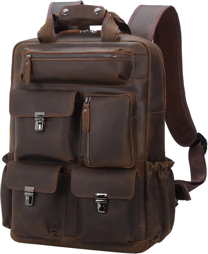 Vintage Leather Backpack for Men Travel Rucksack with Multi Pockets 15.6" Laptop Bag Casual Daypack, Brown