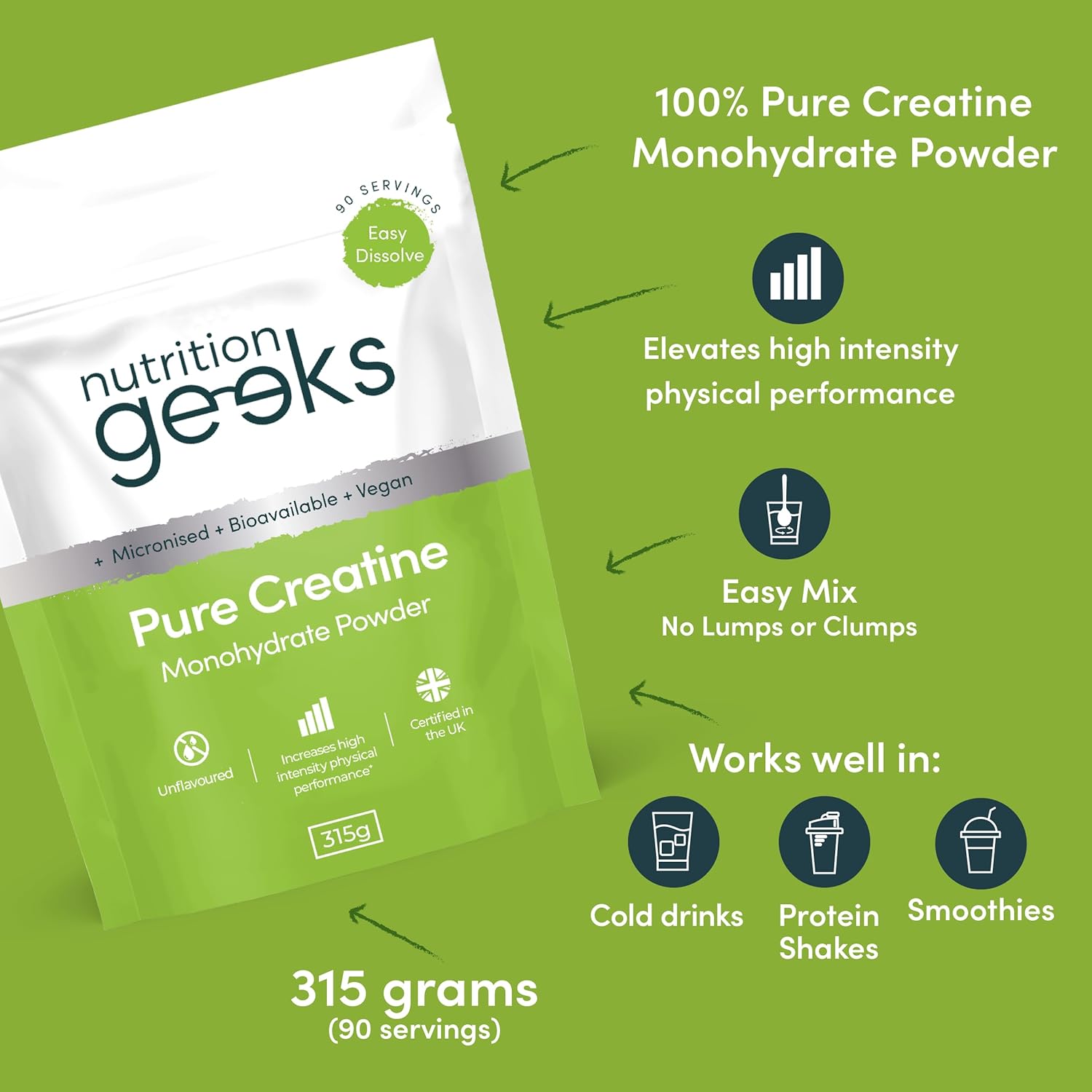 Pure Micronised Creatine Monohydrate Powder - 315g (90 Servings) - Easily Dissolvable, Unflavoured, Vegan Formula for Men and Women