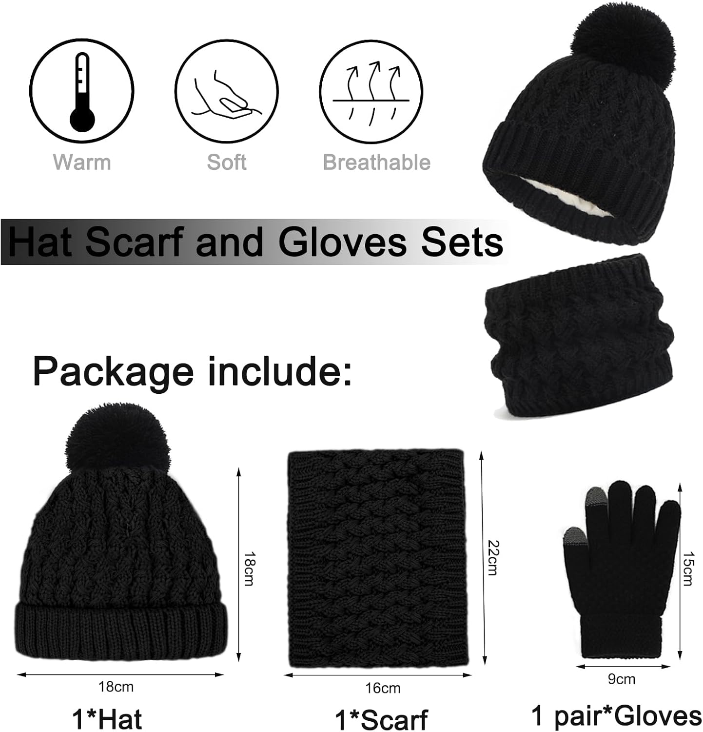Kids Winter Hat Scarf and Gloves Set, 3Pcs Knitted Warmth Crochet Thick Fluffy Scarf Pom Bobble Hat Two Fingers Touch Screen Gloves Set for Boys and Girls 2-8