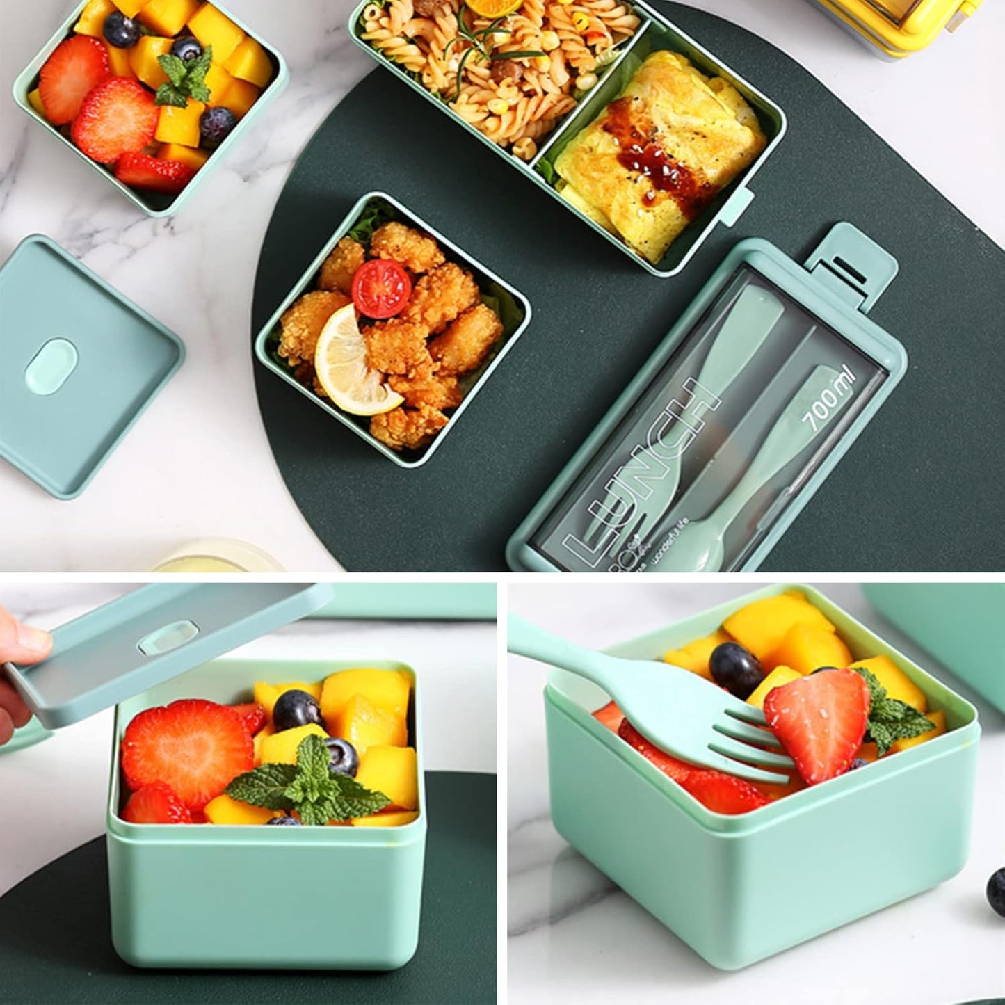 Jsdoin  Lunch Box Stackable,1400Ml Containers with 3 Removable Compartments and Cutlery, Leak Proof 2 Layer Boxes, for Adults Kids Office Microwave Dishwasher Safe Available (Green)