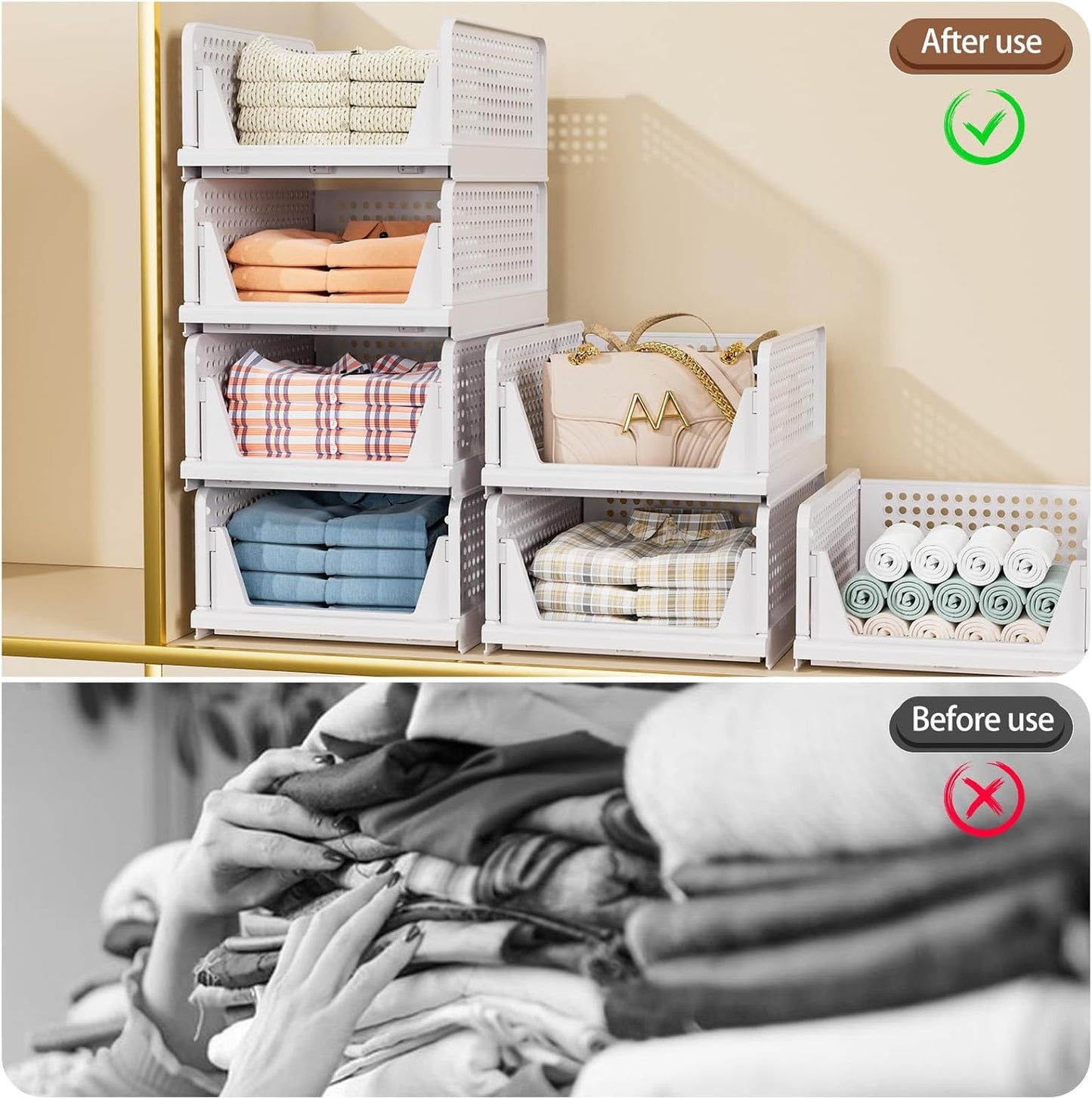 - Foldable Closet Organizer, 4 Pack Stackable Storage Boxes, Plastic Storage Baskets, Drawers for Bedroom, Kitchen and Bathroom Organization, White