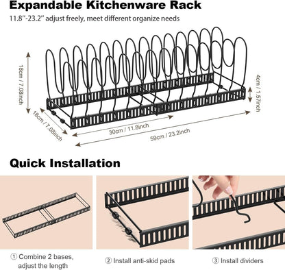Pan Organiser for Cupboard, Expandable Pan Lid Holder with 14 Adjustable Dividers, Pot Lid Organiser Pan Storage Organizer Rack for Kitchen Cupboard, Black