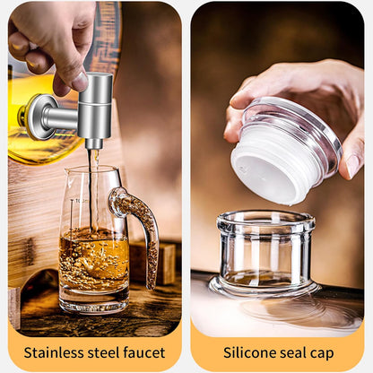 Glass Barrel Dispenser with Tap, Whiskey Decanter Set 5L Whiskey Barrel Whiskey Decanter Drink Dispenser for Wine for Scotch Bourbon Vodka Rum and Liquor Party Drink (A)