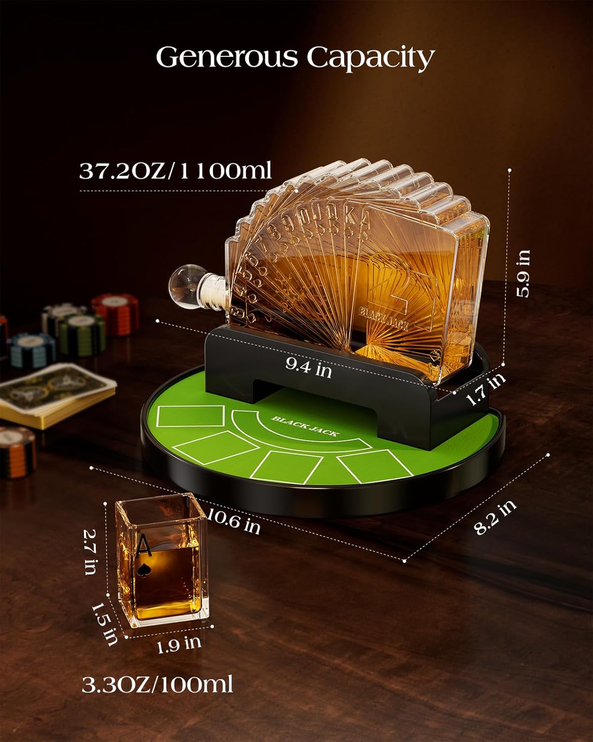 Blackjack Whiskey Decanter Set, 37.2 Oz Whiskey Decanter with 4 Glasses, Casino Style Decanter for Liquor, Christmas Birthday Gifts for Men, Dad, Boyfriend, Blackjack Game Night Essentials