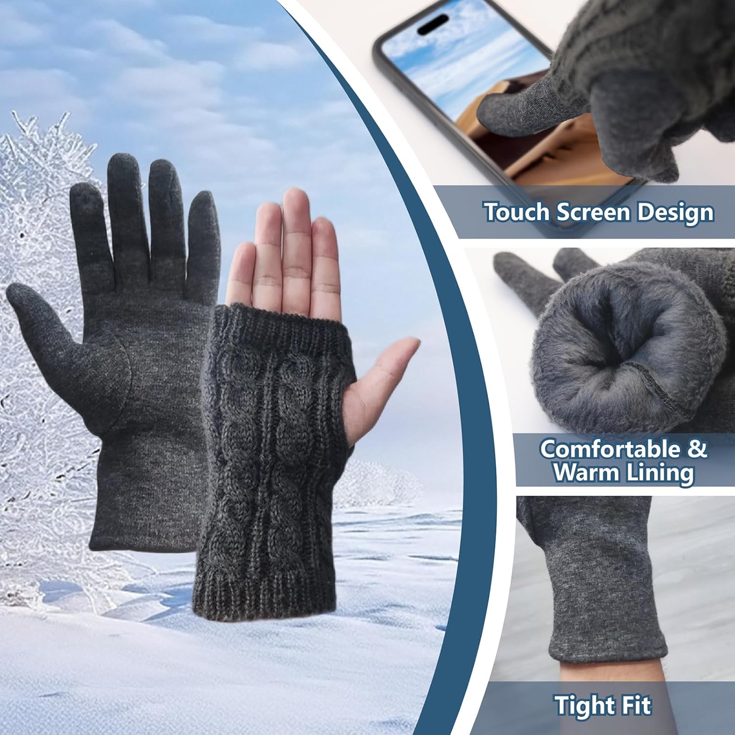 Winter Gloves for Women, Knitted Thermal Warm Touchscreen Windproof Gloves, Fleece Lined for Running Cycling Skiing Outdoor Sports