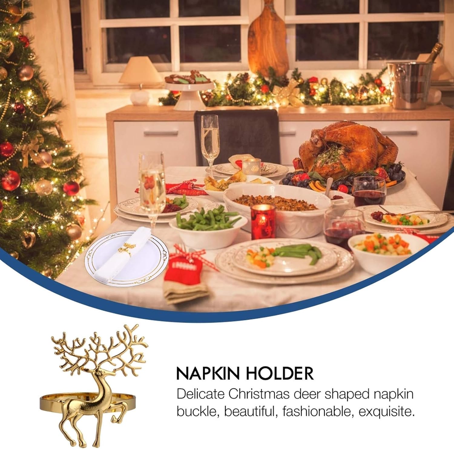 Christmas Napkin Rings- 6 Pcs Christmas Alloy Napkin Ring Holder Household Napkin Buckle for Table Decor, Wedding, Xmas, Party Dinner, Thanksgiving (Reindeer) (Gold)