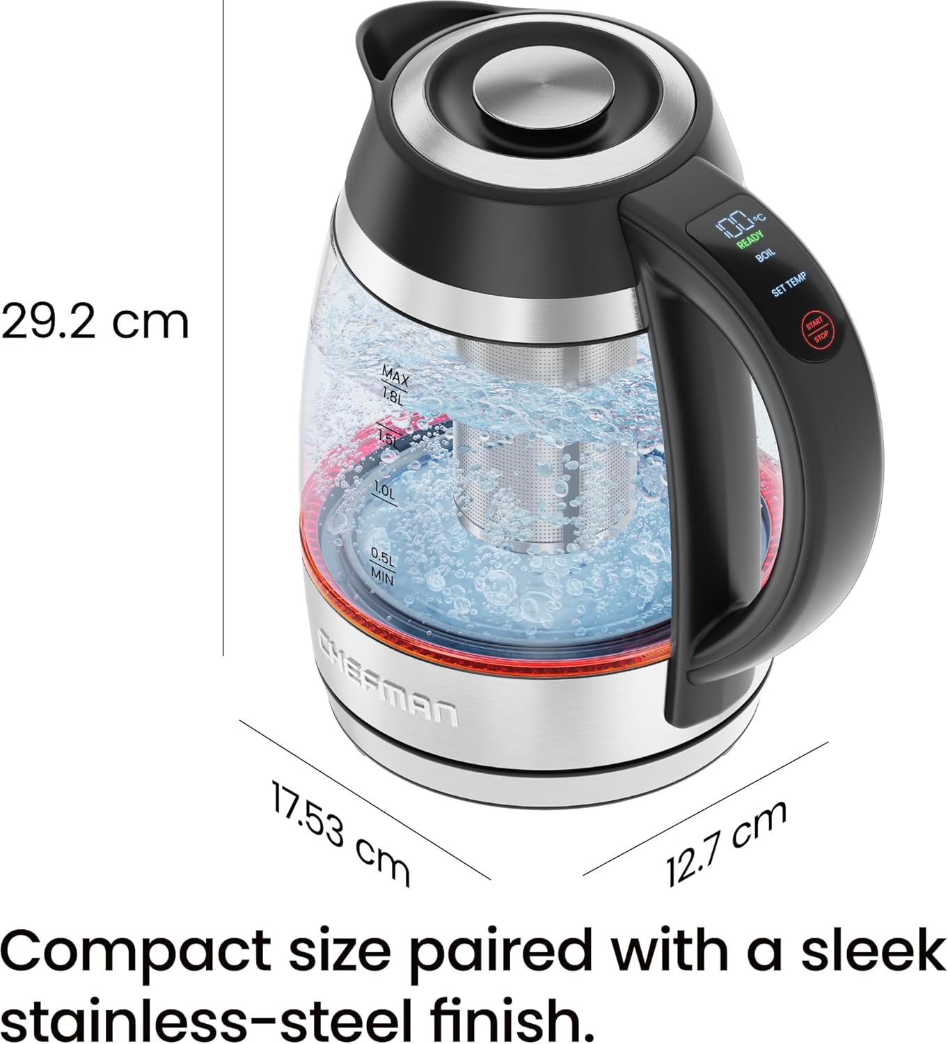 Chefman  Kettle for Boiling Water, 1.8L 1500W, Hot Water in 3 Minutes, LED Lights, Auto Shut-Off, Boiling and Drying Protection, Glass Electric Kettle (Temperature Control)