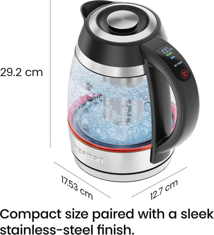 Chefman  Kettle for Boiling Water, 1.8L 1500W, Hot Water in 3 Minutes, LED Lights, Auto Shut-Off, Boiling and Drying Protection, Glass Electric Kettle (Temperature Control)