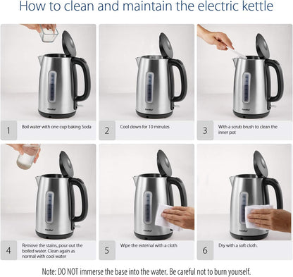 Midea Electric Kettle 3000W Fast Boil 1.7L Stainless Steel Kettle LED Indicator,Spring Lid,Removable Filter,Insulated Handle, Water Level Indicator, Dry Burn Protection,Bpa-Free