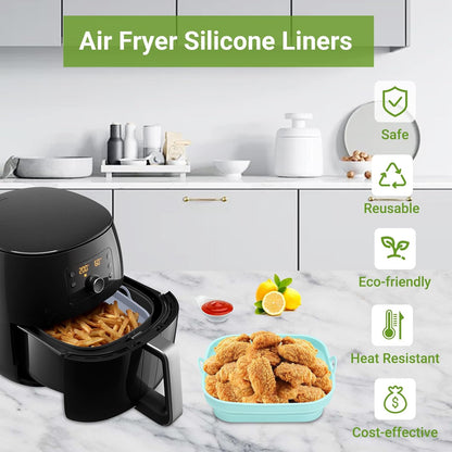 Silicone Air Fryer Liners 2PCS Reusable Airfryer Tray Foldable Kitchen Accessories Basket Versatile Square Baking Rack Pot for Microwave, Oven (Blue+Grey)