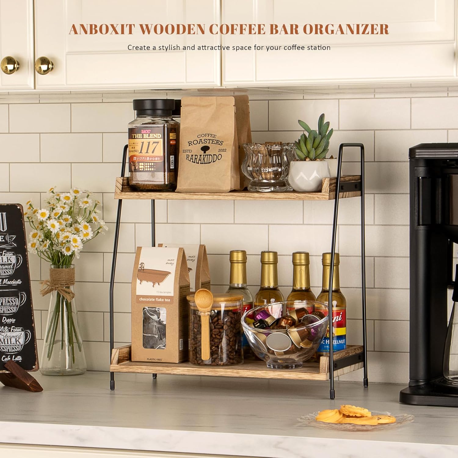 Coffee Station Organizer for Countertop, 2 Tier Coffee Bar Accessories and Organizer, Wooden Kitchen Storage & Organisation, Countertop Organiser for Kitchen, Home, Office - Brown