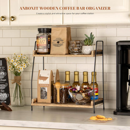 Coffee Station Organizer for Countertop, 2 Tier Coffee Bar Accessories and Organizer, Wooden Kitchen Storage & Organisation, Countertop Organiser for Kitchen, Home, Office - Brown