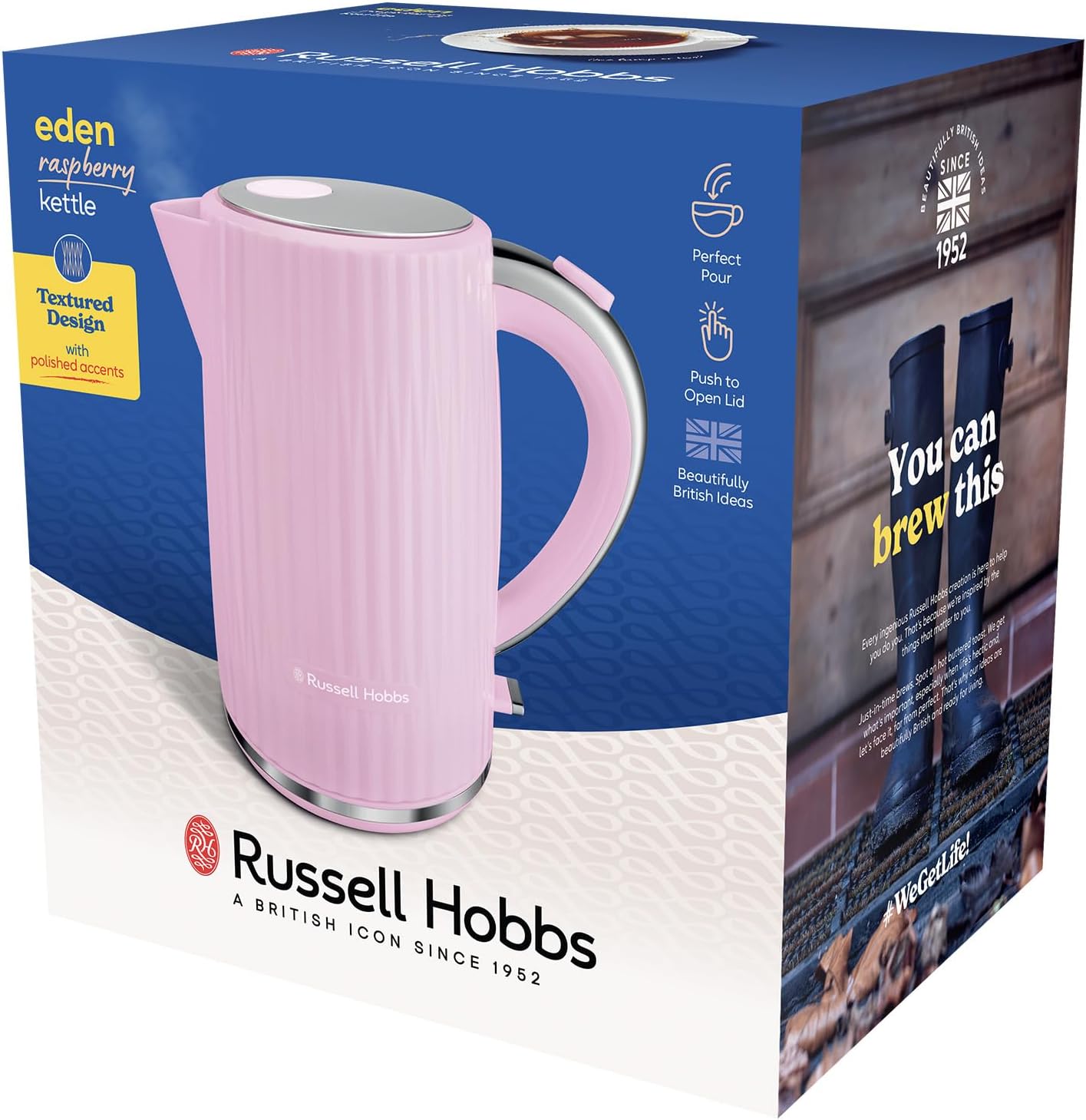 Russell Hobbs Electric Kettle (Hot Water, Tea or Coffee, 1.7L, Push to Open Lid, Perfect Pour Spout, Removable Washable Filter, Illuminated Switch, Chrome Accents, Raspberry, 3000W) Eden 27362