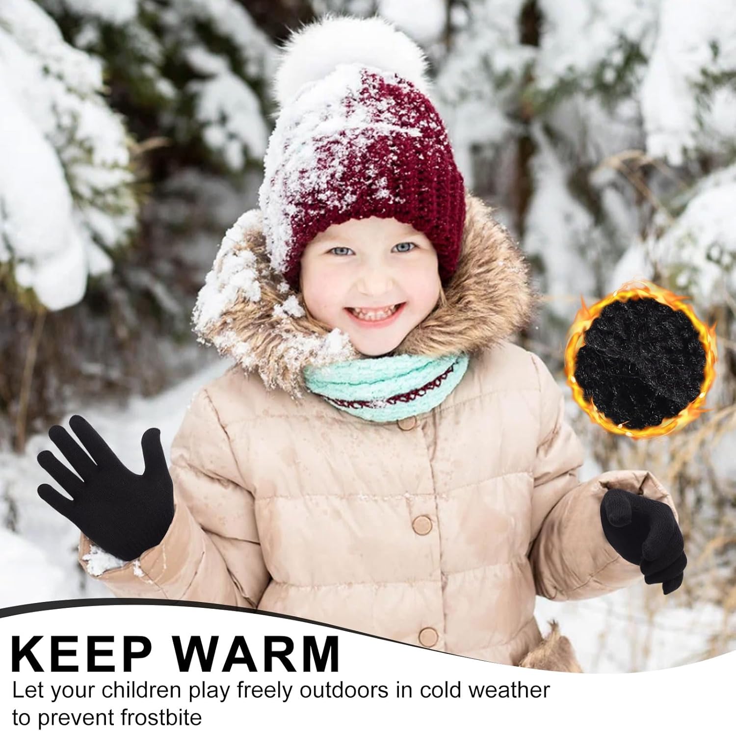 6 Pairs Winter Magic Gloves Kids, Warm Knit Stretch Black Full Finger Gloves for Girls Boys