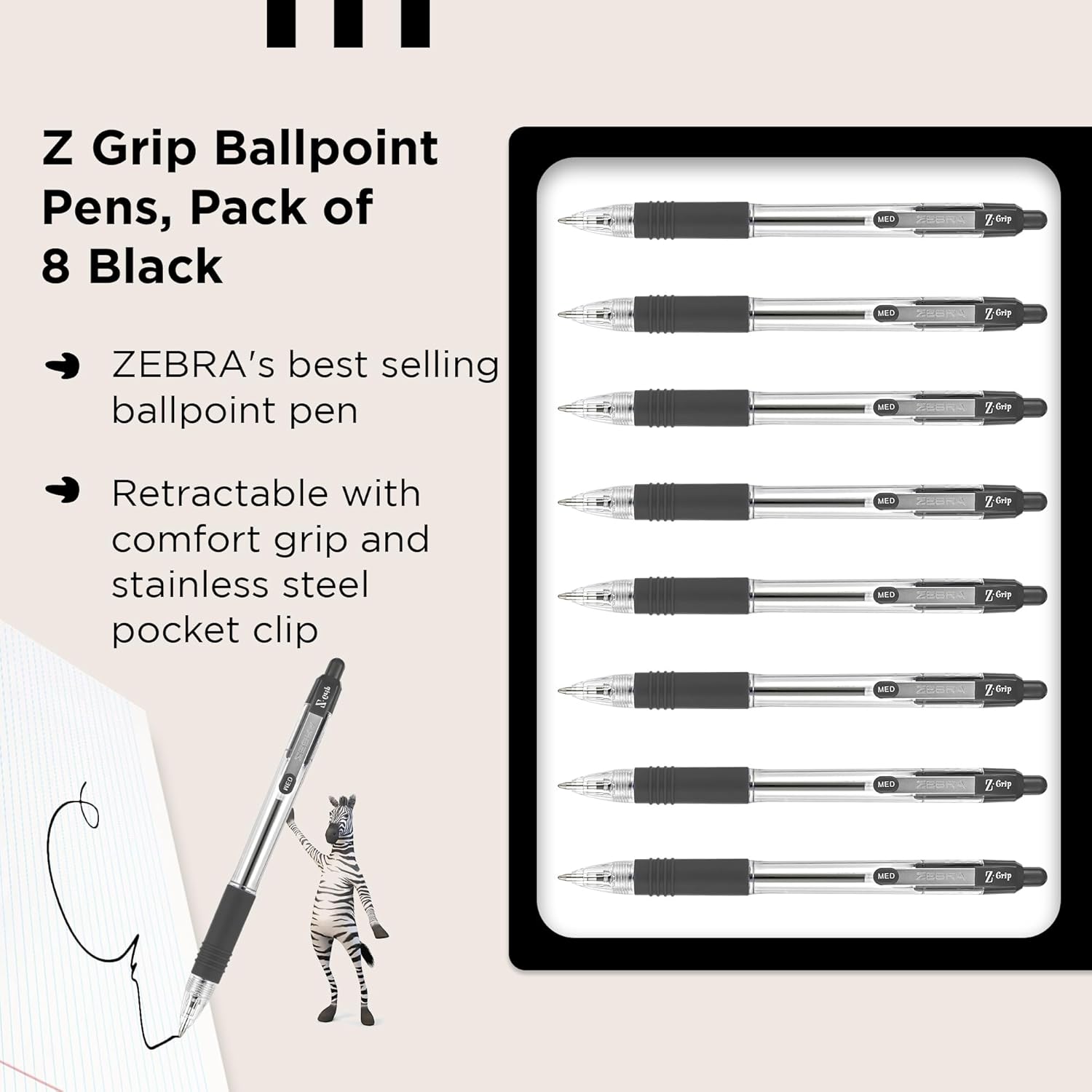Zebra Pen Grip Black Ballpoint Pens with Pocket Clip 8Pk, Retractable Black Ink Ballpoint Pens, Reliable Black Biro Pens Multipack for Everyday Use Design, New Pack Size 8Pk