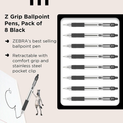 Zebra Pen Grip Black Ballpoint Pens with Pocket Clip 8Pk, Retractable Black Ink Ballpoint Pens, Reliable Black Biro Pens Multipack for Everyday Use Design, New Pack Size 8Pk