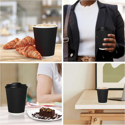 Zuvo 50 Pack Takeaway Coffee Cups with Lids | Disposable Insulated Triple Wall Ripple Kraft Paper Coffee Cups for Takeaway Coffee, Tea or Hot Liquids | Pack of 50 (16 Oz.)