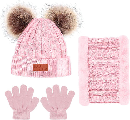 Kids Winter Beanie Hat Scarf Gloves Set 3 In1, 3Pcs Knit Warm Toddler Winter Cap Gloves Neck Warmer for Boys Girls 1-6 Year, Winter Accessories Sets for Children Outdoor Sports