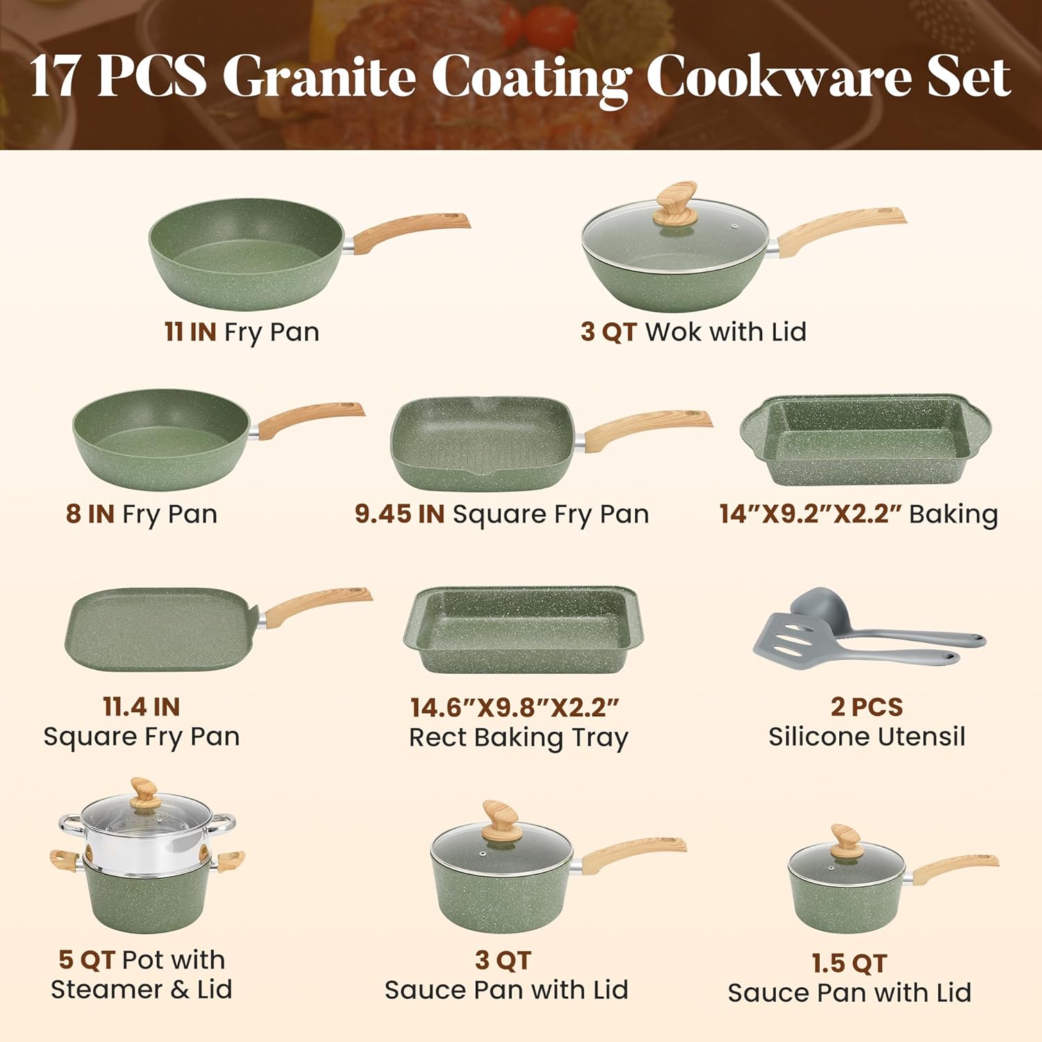 17 Pcs Pots and Pans Set Non Stick, Induction Kitchen Cookware Set, Green Healthy Nonstick Granite Coated Saucepans Frying Pans Set, PFOA & PFOS Free