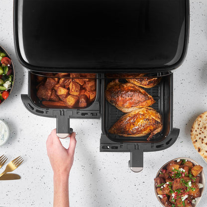 Dual Air Fryer 9L Rapid Airfryer [Dual Basket/Zone, Low-Noise, 9 Programs] Satisfry (Dishwasher Safe Drawers, Max 200℃, Oil Free Cooking, Roast, Bake, Grill, Keep Warm) 27680