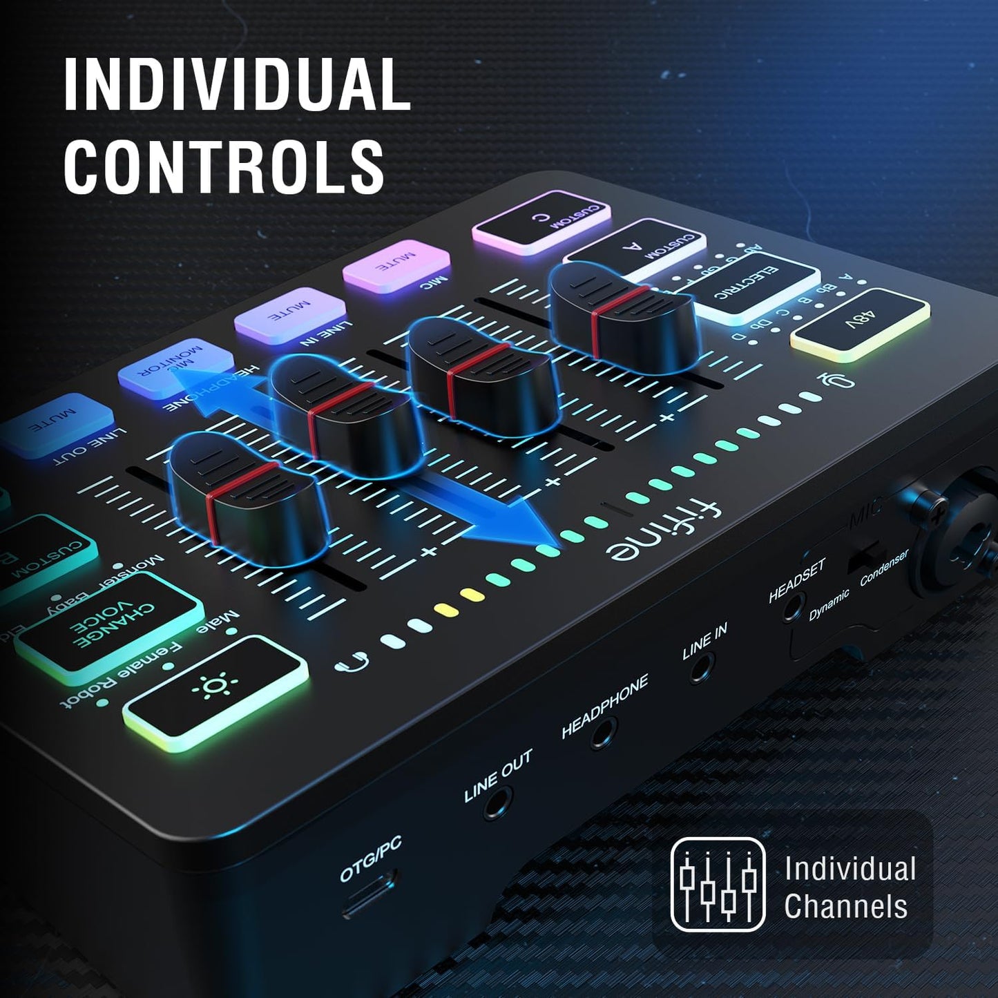 Gaming Audio Mixer for Streaming, RGB PC Audio Interface, DJ Mixer with XLR Microphone Interface Volume Fader Individual Channel Design, Customized Soundboard for Podcast, Recording, Vocal-Sc3