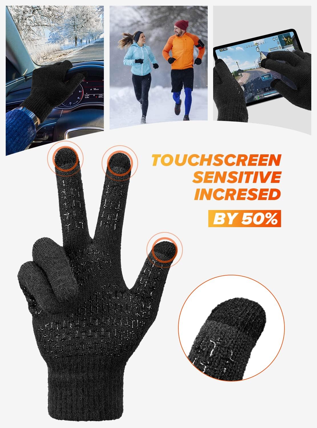 Soft Warm Touch Screen Winter Thermal Gloves Men Women, Non-Slip Grip, Elastic Cuff, Knit Stretchy Material