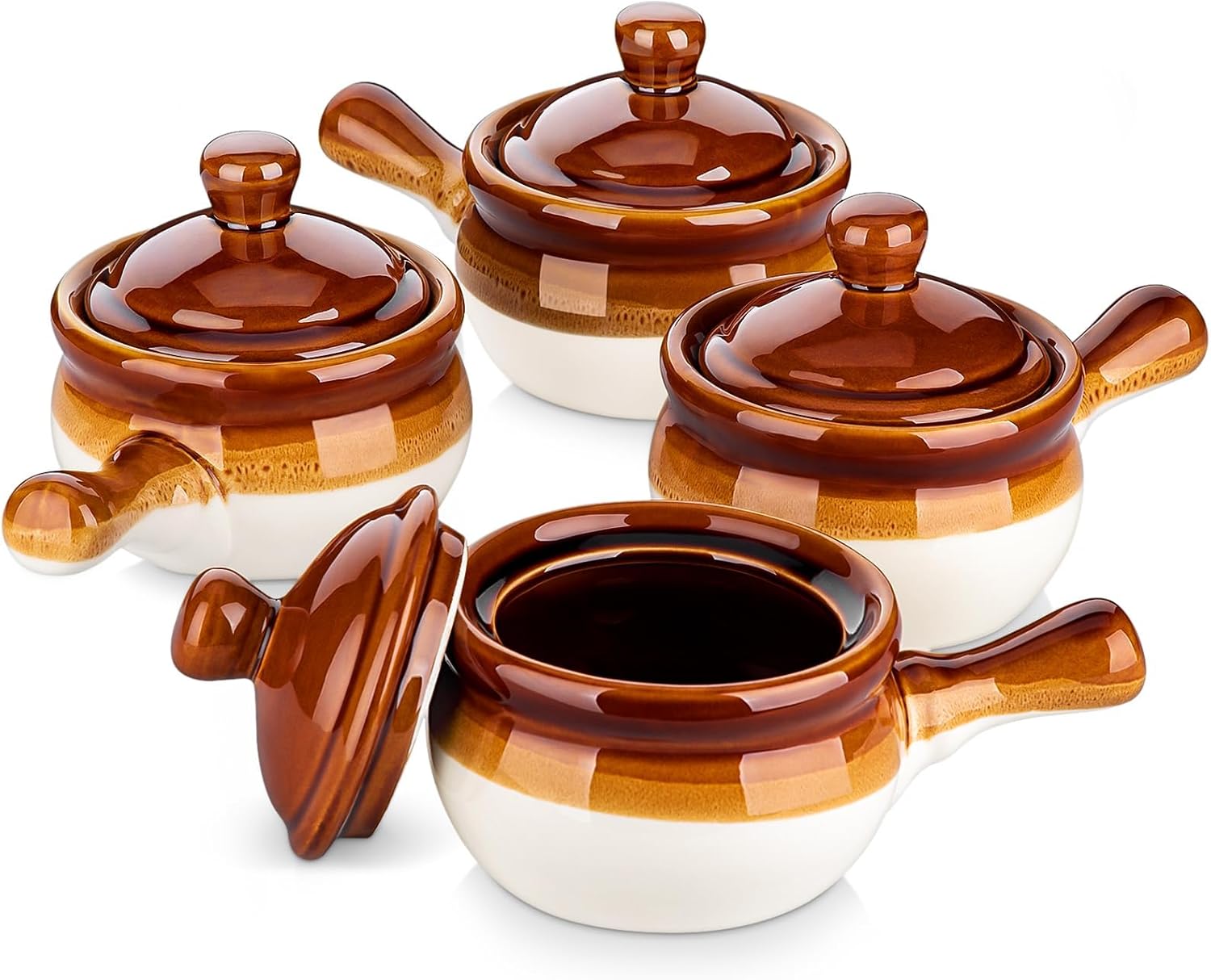 16 OZ French Onion Soup Crocks with Lid,Porcelain Soup Bowls with Extended Handle,Serving Bowls for Chili, Beef Stew, Cereal, Pot Pies, Lasagna,Microwave/Oven-Safe,Set of 4