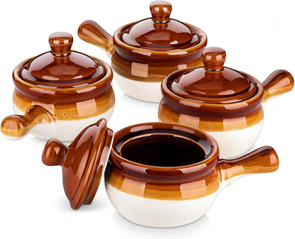 16 OZ French Onion Soup Crocks with Lid,Porcelain Soup Bowls with Extended Handle,Serving Bowls for Chili, Beef Stew, Cereal, Pot Pies, Lasagna,Microwave/Oven-Safe,Set of 4