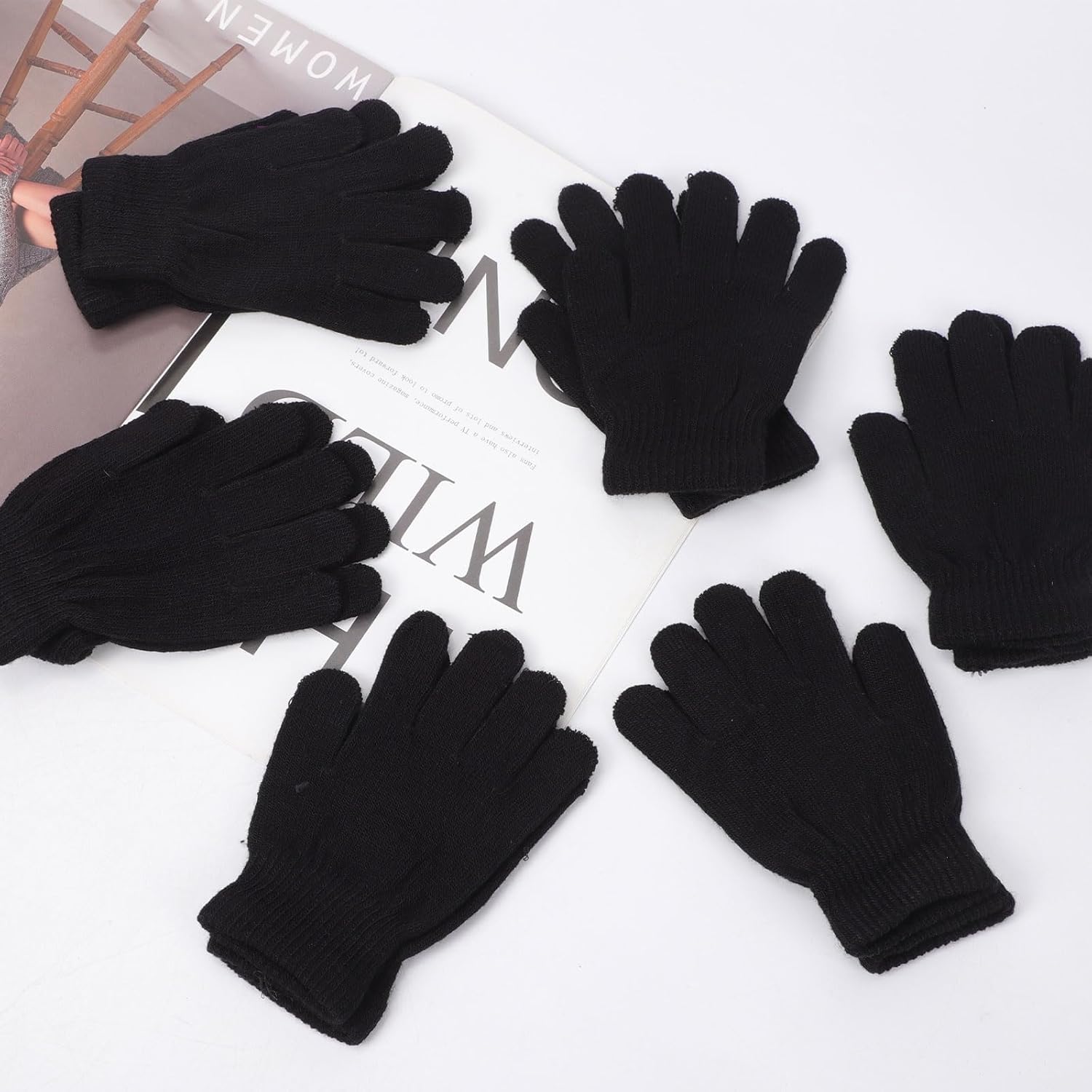 6 Pairs Winter Magic Gloves Kids, Warm Knit Stretch Black Full Finger Gloves for Girls Boys