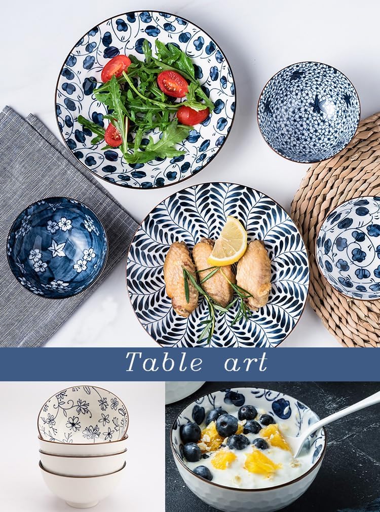 Dinner Set-Plates and Bowls Set-Blue and White Porcelain Crockery Set-Tableware Gift Set-Chinese Japanese Dinnerware Set-20 Cm/7.8 Inches Dinner Plates for 2 and 300 Ml Cereal Bowl for 4