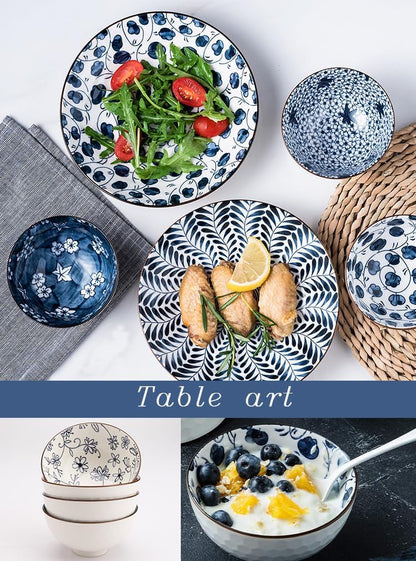 Dinner Set-Plates and Bowls Set-Blue and White Porcelain Crockery Set-Tableware Gift Set-Chinese Japanese Dinnerware Set-20 Cm/7.8 Inches Dinner Plates for 2 and 300 Ml Cereal Bowl for 4