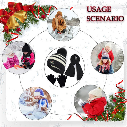 Kids Winter Warm Beanie Hat Scarf Gloves Set Children Knit Striped Pom Pom Beanie Hat 3Pcs Kids Hat Scarf and Snow Gloves Set for Boys Girls and Toddlers Aged 1-5