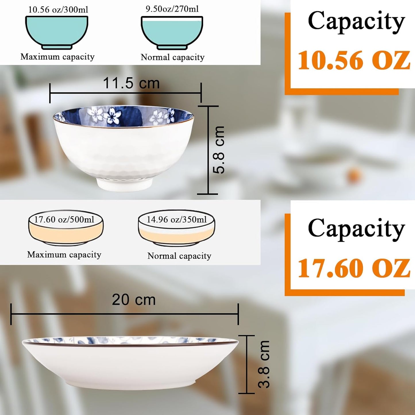 Dinner Set-Plates and Bowls Set-Blue and White Porcelain Crockery Set-Tableware Gift Set-Chinese Japanese Dinnerware Set-20 Cm/7.8 Inches Dinner Plates for 2 and 300 Ml Cereal Bowl for 4