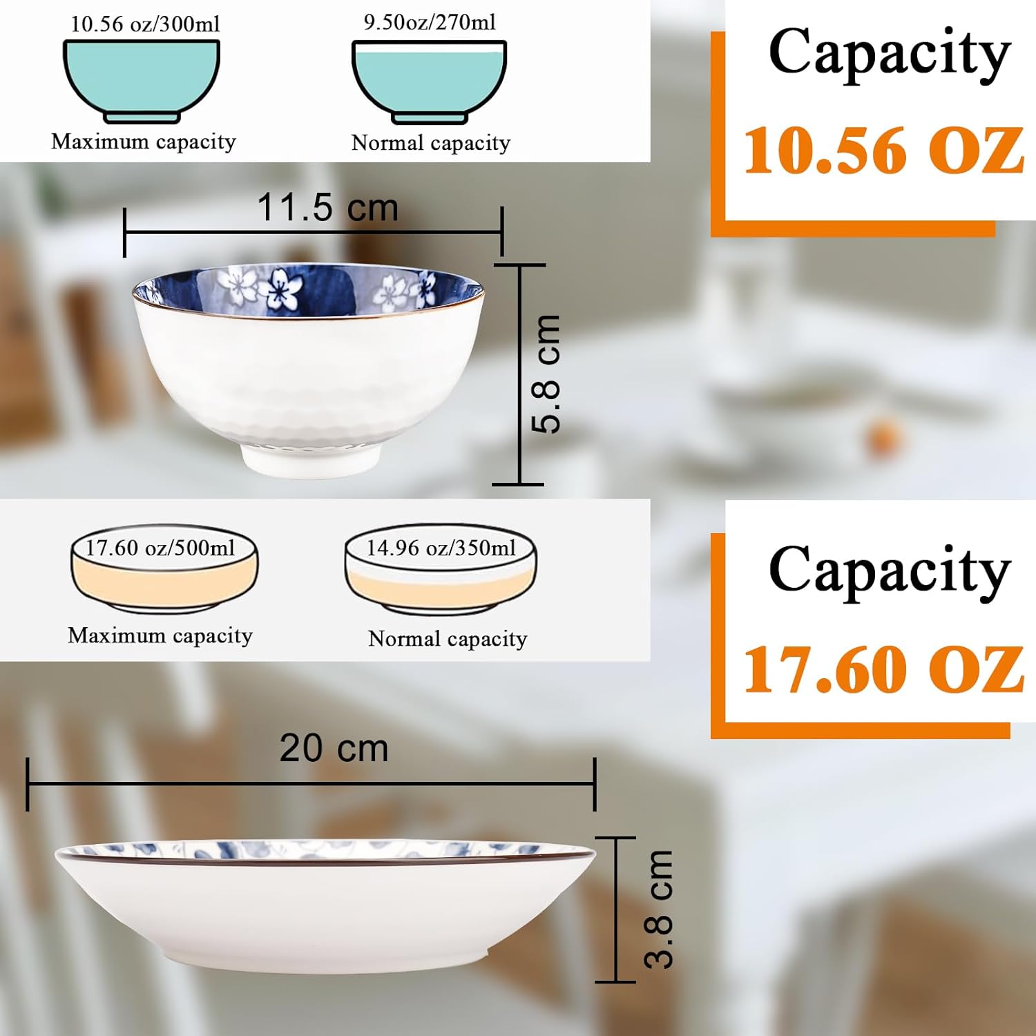 Dinner Set-Plates and Bowls Set-Blue and White Porcelain Crockery Set-Tableware Gift Set-Chinese Japanese Dinnerware Set-20 Cm/7.8 Inches Dinner Plates for 2 and 300 Ml Cereal Bowl for 4
