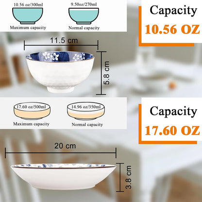 Dinner Set-Plates and Bowls Set-Blue and White Porcelain Crockery Set-Tableware Gift Set-Chinese Japanese Dinnerware Set-20 Cm/7.8 Inches Dinner Plates for 2 and 300 Ml Cereal Bowl for 4