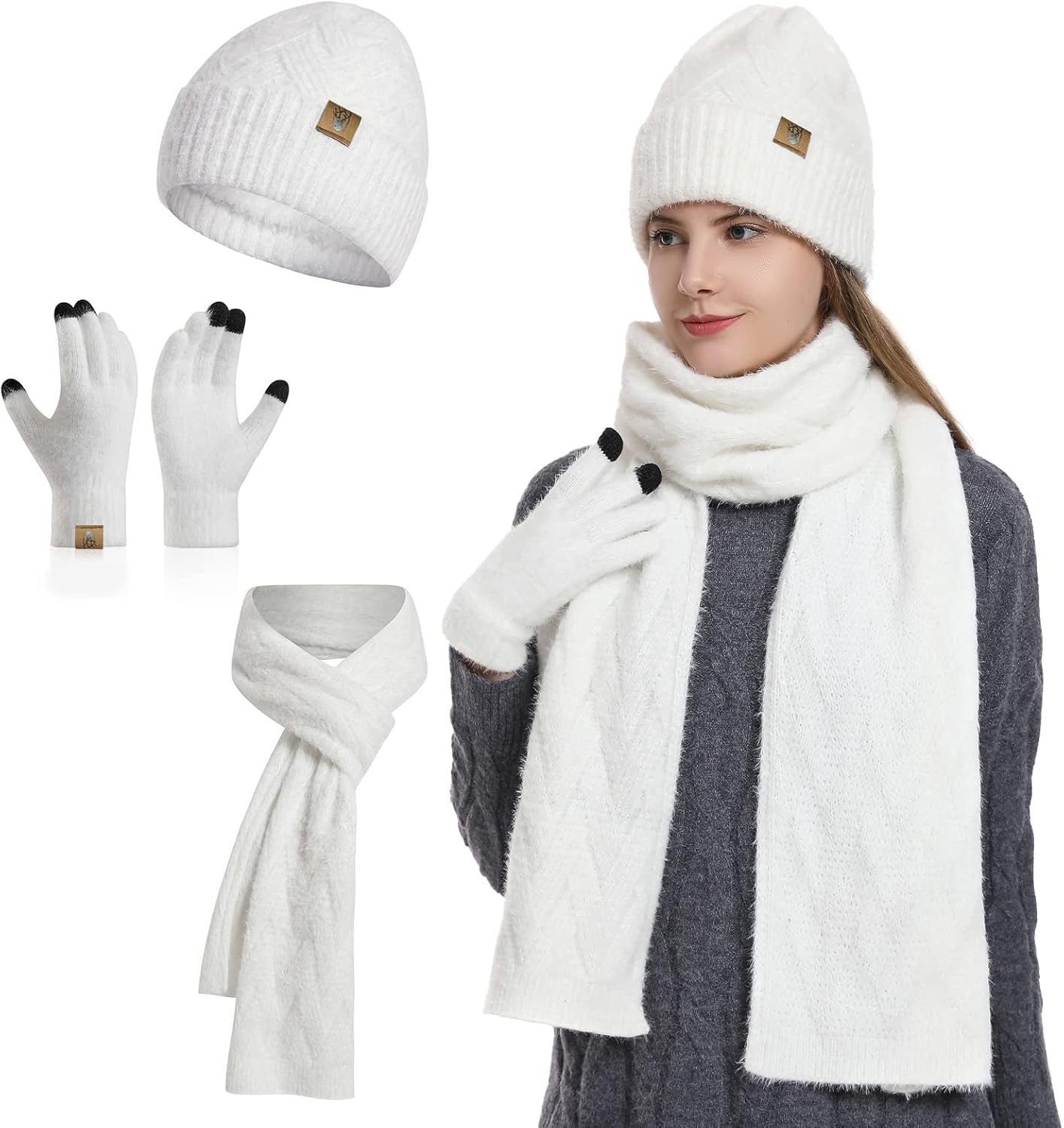 Womens Hat Scarf and Touch Screen Gloves Set Ladies Women Winter Scarf Warm Fleece Lined Beanie Skull Caps for Men Women