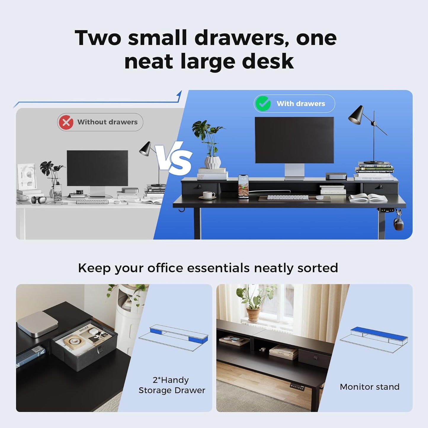 Height Adjustable Desk with Two Drawers, 120 X 60 Cm Electric Computer Desks with Memory Function, Sit Stand Desk, Black
