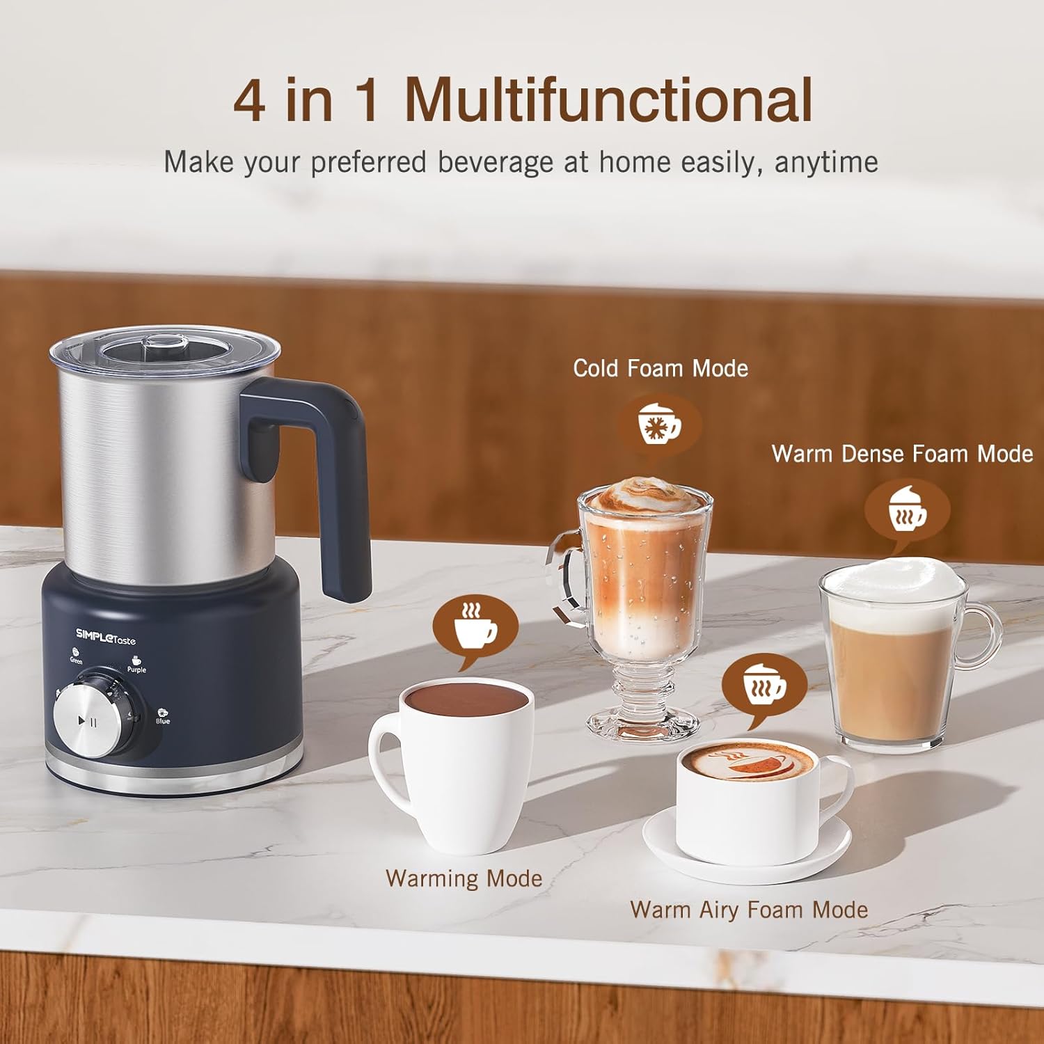 SIMPLETASTE Milk Frother, 4-In-1 Electric Milk Steamer,500Ml Automatic Warm and Cold Foam Maker and Milk Warmer for Latte, Cappuccinos, Macchiato