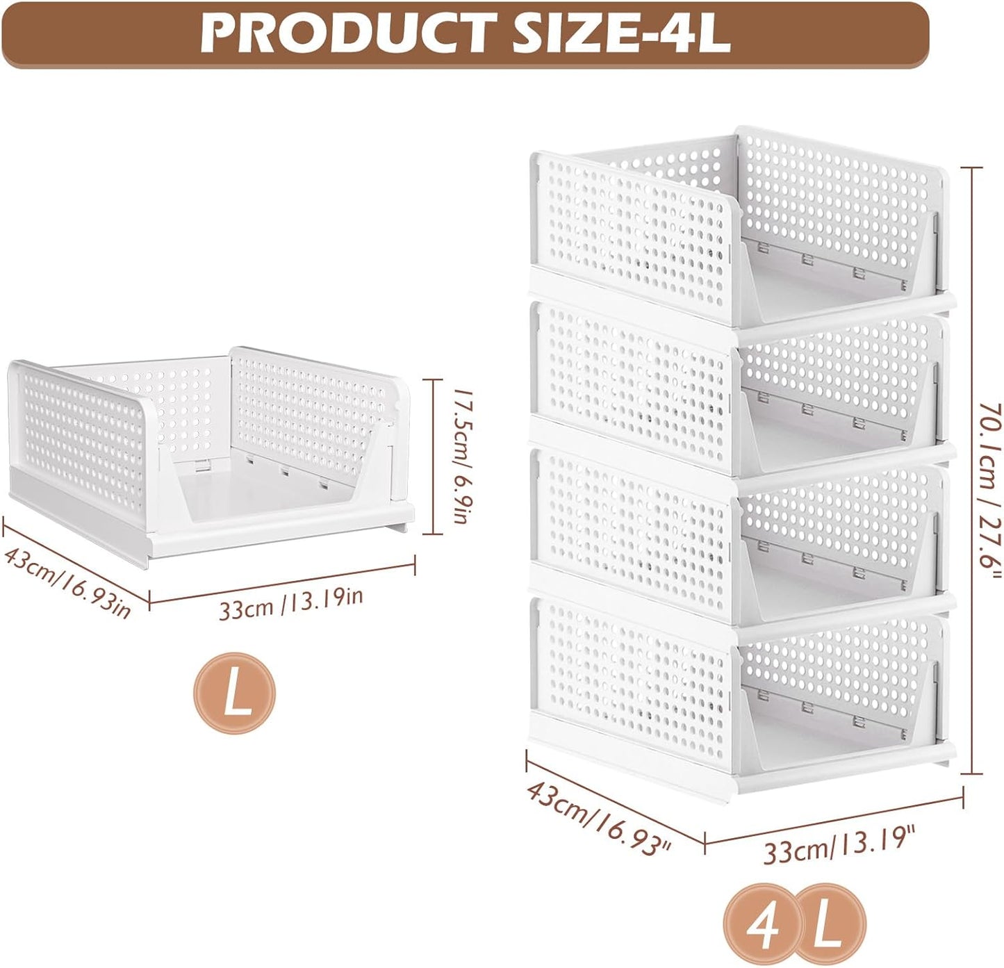 - Foldable Closet Organizer, 4 Pack Stackable Storage Boxes, Plastic Storage Baskets, Drawers for Bedroom, Kitchen and Bathroom Organization, White