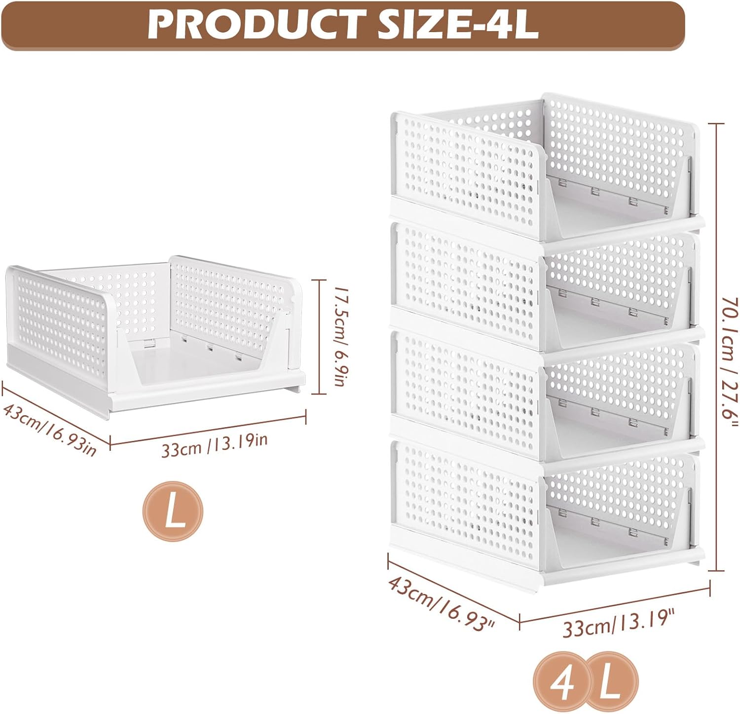 - Foldable Closet Organizer, 4 Pack Stackable Storage Boxes, Plastic Storage Baskets, Drawers for Bedroom, Kitchen and Bathroom Organization, White